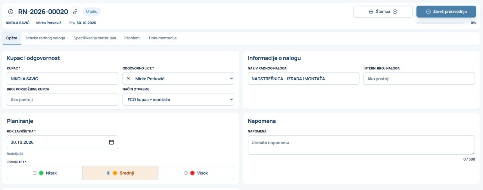Otvorite radni nalog